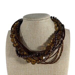 Chunky Multi Strand Brown Beaded Choker Style Necklace Bohemian Statement Fall
